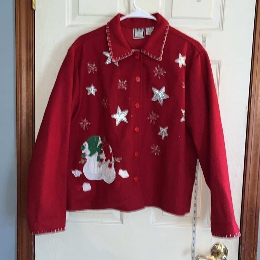 Take two clothing-L-red-wool blend, snowman,stars,snowflakes,button down jacket